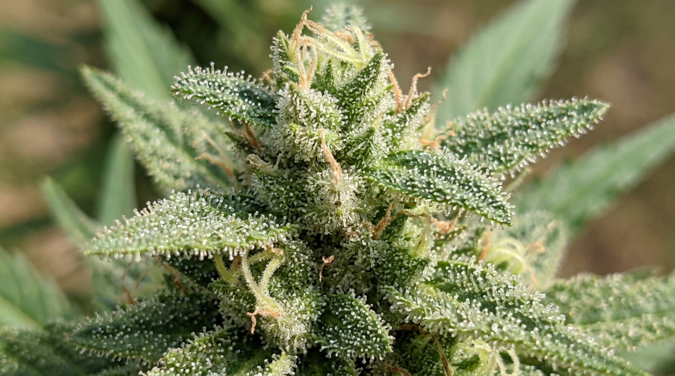 Green cannabis flower bud covered with white trichomes and orange pistils
